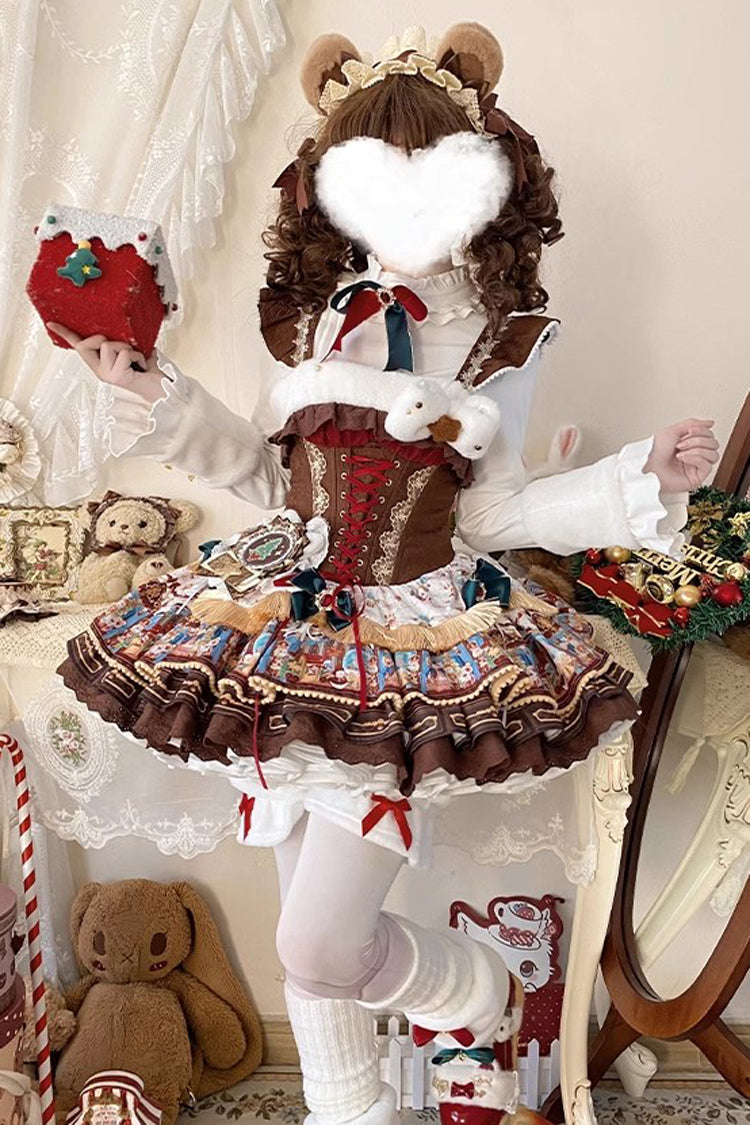 Brown Candy House Multi-Layered Print Ruffle Bowknot Lace-Up Sweet Ballet Lolita Jsk Dress