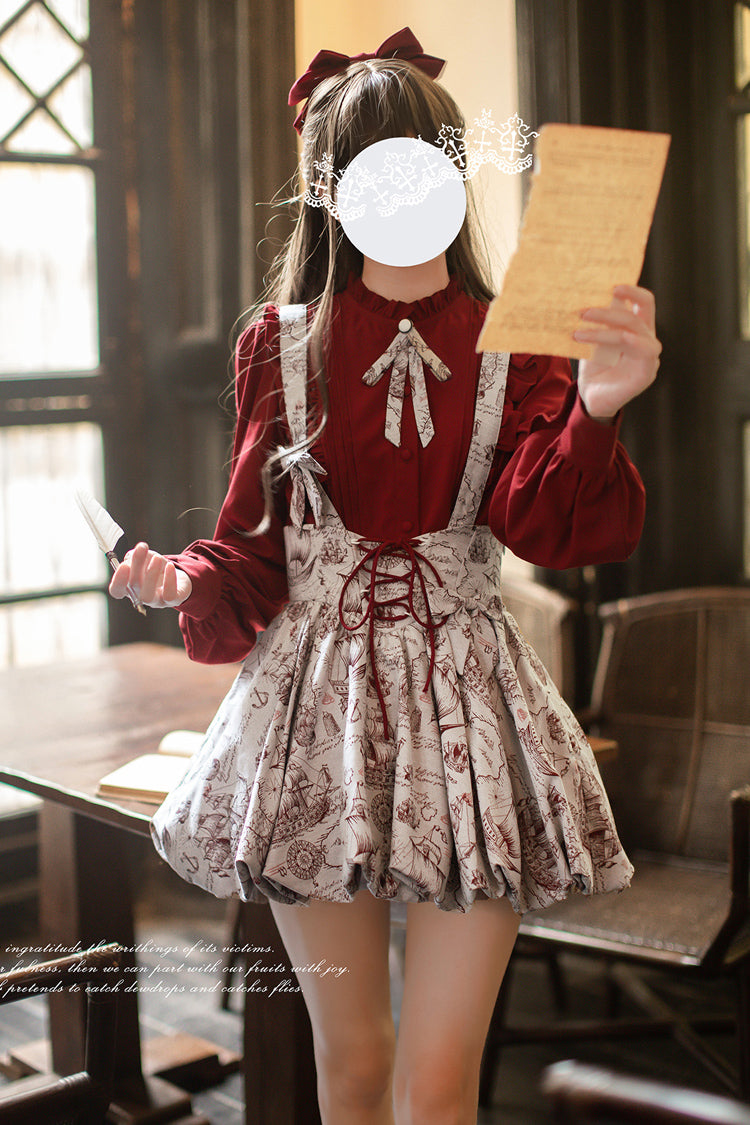 Grey Elise Print Ruffle Lace-Up Sweet Lolita Skirt