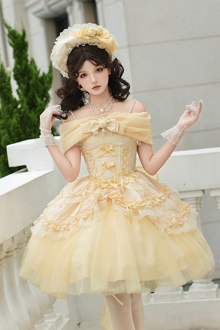 Yellow Sissi's Pilgrimage Off Shoulder Ruffle Bowknot Lace Sweet Lolita Skirt (Short Version)