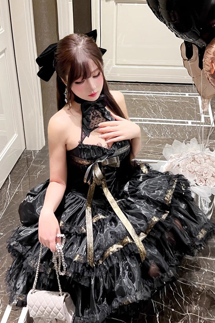Black First Kiss Halterneck Triple-Layered Ruffle Lace Hot Stamping Gothic Princess Lolita Dress