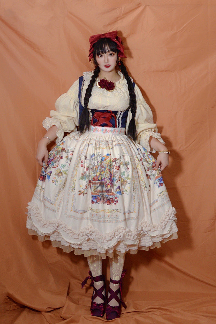 Ivory Ode to Plenty Berries and Birds Print Ruffle Bowknot Velvet Classic Lolita Breast Support Jsk Dress