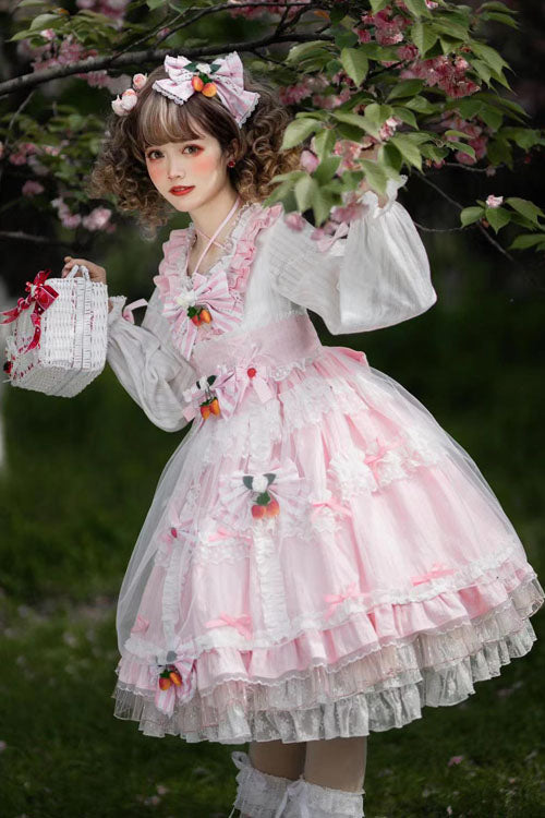 Pink Strawberry Bowknot Round Collar Long Sleeves Multi-Layer Ruffled Sweet Lolita OP Dress