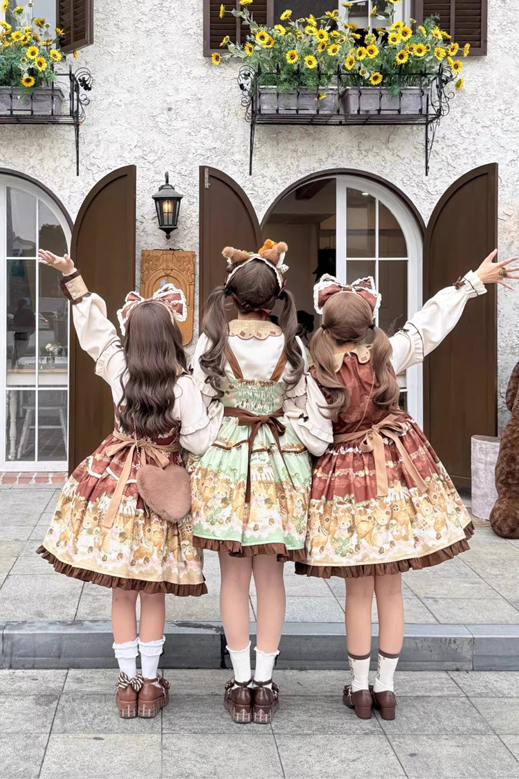 Green Squirrel Chocolate Shop Sleeveless Printed Ruffled Bow Sweet Lolita JSK Dress with Blouse