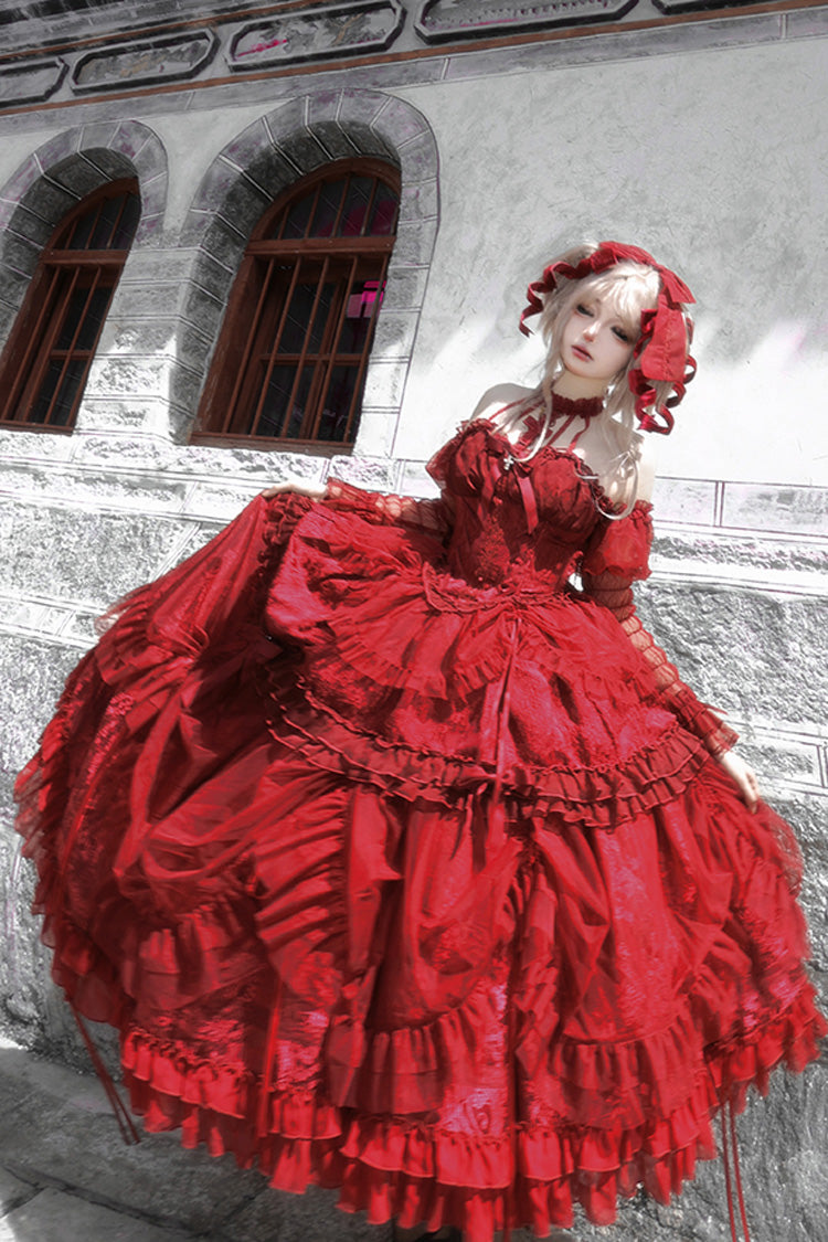 Wine Red Cross Halterneck Ruffle Bowknot Lace Lace-Up Princess Gothic Lolita Dress