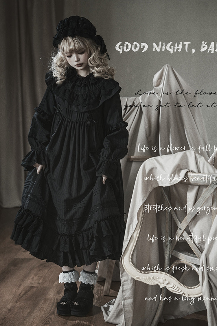 Black Good Night Long Sleeves Double-Layered Ruffle Bowknot Lace-Up Holy Gothic Lolita Dress