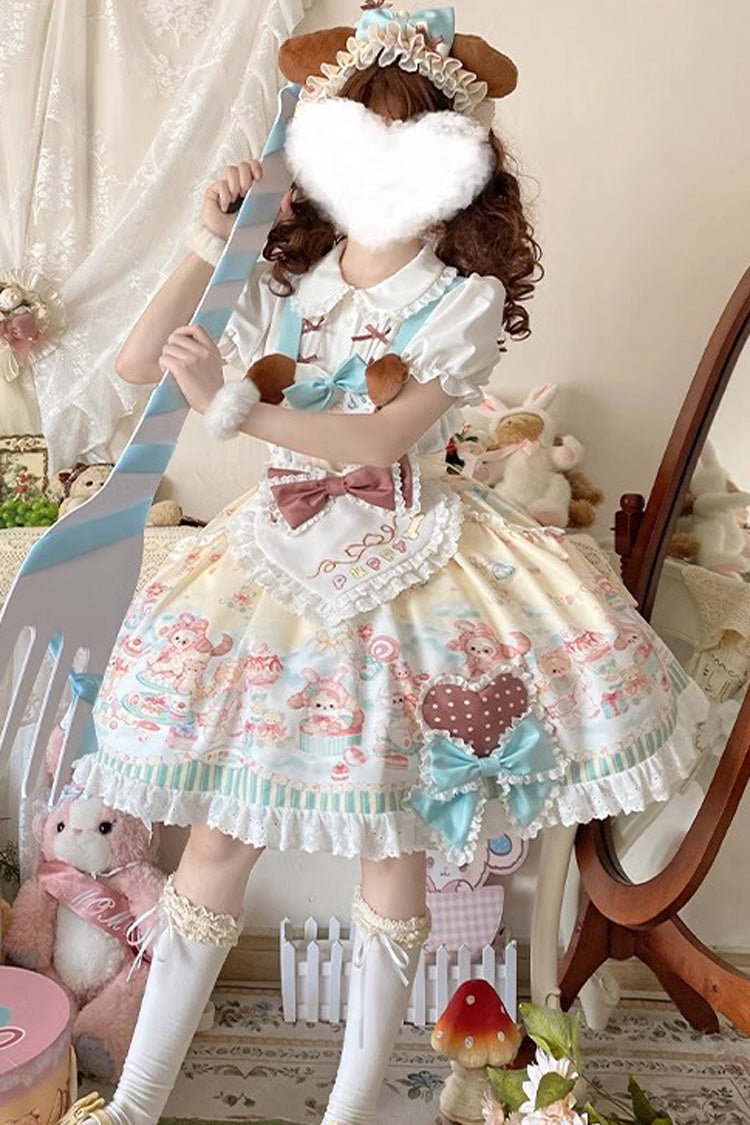 Multi-Color Sweet Pet Paradise Print Ruffle Bowknot Vintage Lolita Strap Dress
