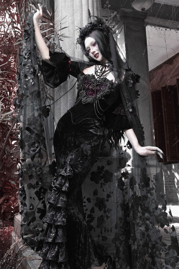 Black Castle of Dark Romance Square Collar Short Sleeves Multi-Layered Ruffled Embroidered Open-Front Lace Gothic Lolita Mermaid Dress