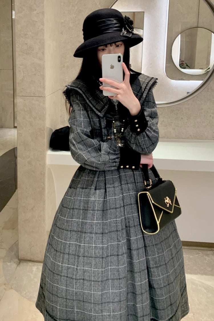 Grey Fontainebleau Long Sleeves Plaid Print Bowknot Elegant Sweet Lolita Dress
