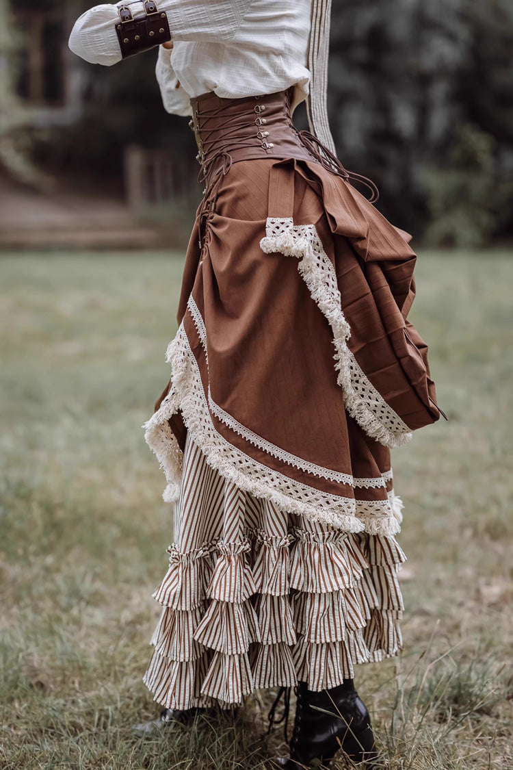 Brown Lace-Up Classic Vintage Leather Waist Lolita Belt with Metal Horn Buckle