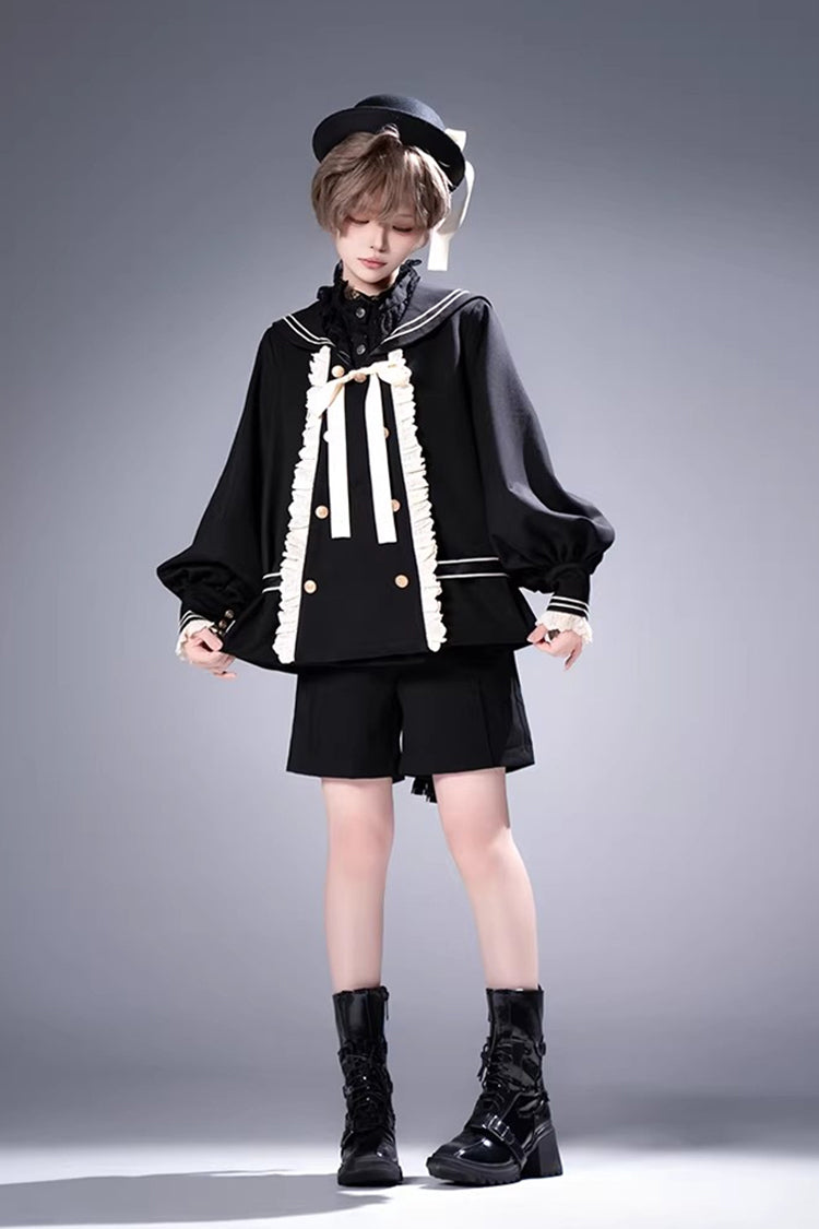 Black City of Mist Navy Collar Long Sleeves Gothic College Style Prince Ouji Lolita Shorts Coat Set