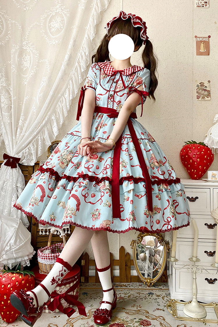 Bear's Strawberry Garden Lapel Collar Short Sleeves Print Bowknot Sweet Lolita Dress 4 Colors