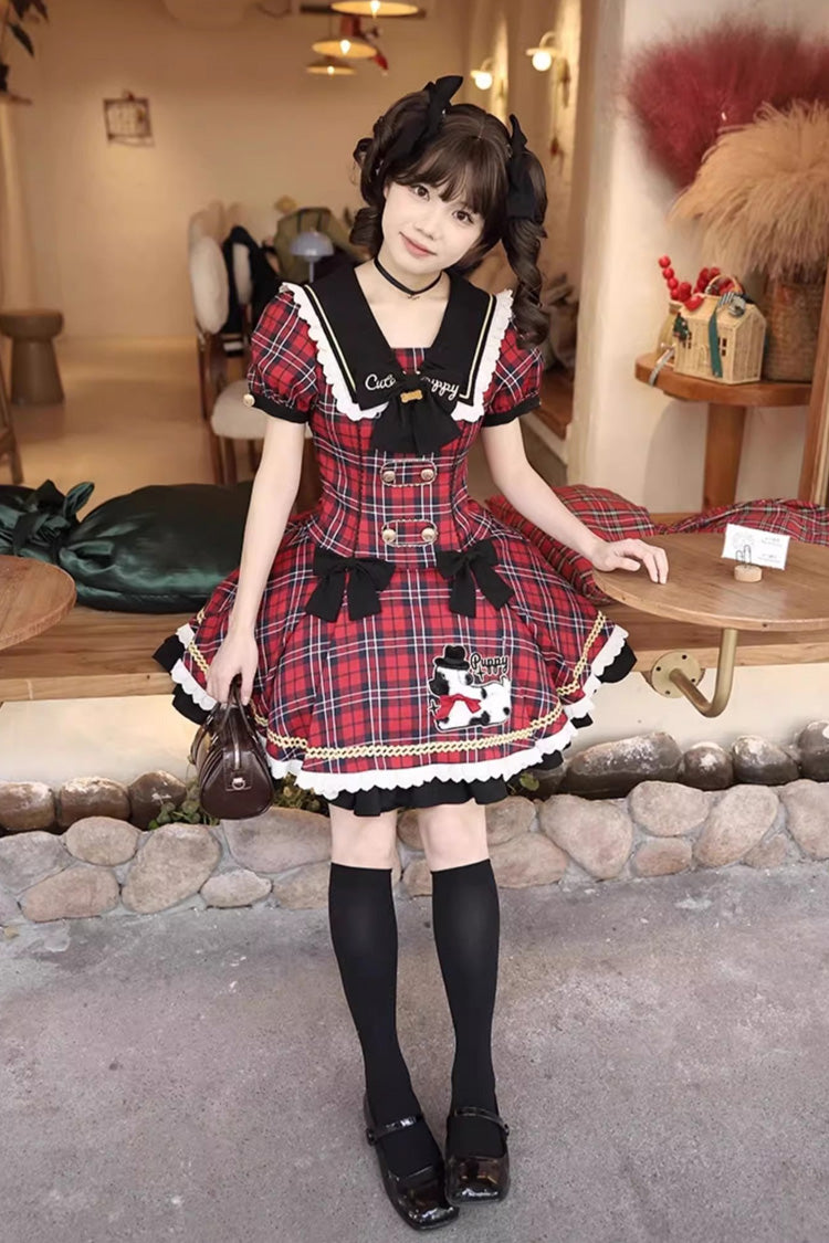 Red Dalmatian Short Sleeves Print Ruffle Bowknot Slim Sweet Lolita Dress