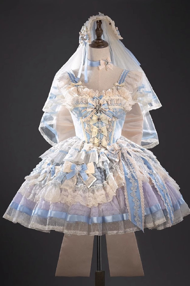 Blue Moonstone Sleeveless Ruffle Embroidery Bowknot Lace Fishbone Sweet Princess Lolita Dress