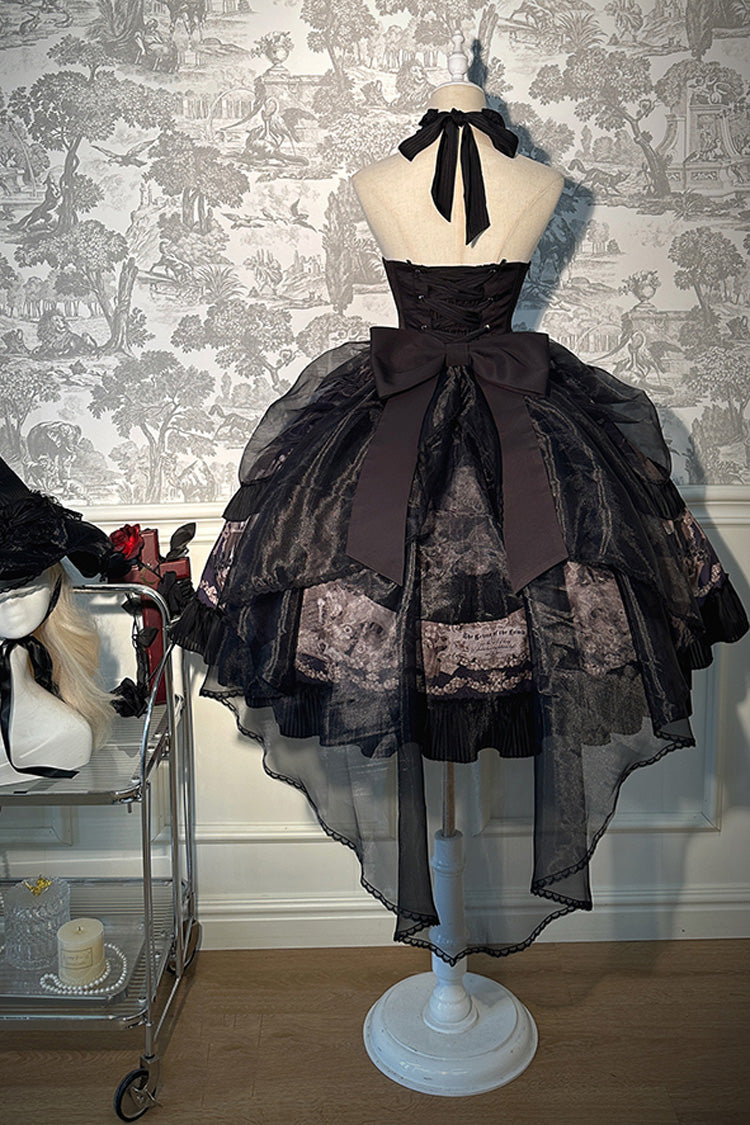 Black The Mystery of The Doll Halterneck Print Ruffle Bowknot Drawstring Gothic Lolita Dress