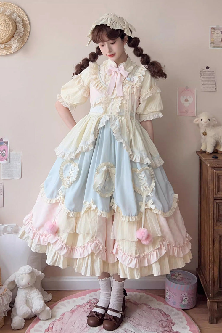 Multi-Color Mianmian Macaron Sleeveless Multi-Layered Ruffle Bowknot Lace Sweet Lolita Jsk Dress (Long Version)