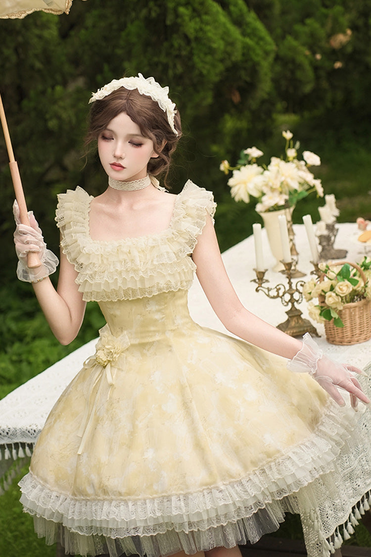 Yellow Falling Flowers as a Message Square Collar Flying Sleeves Print Ruffle Lace Sweet Elegant Lolita Short Dress