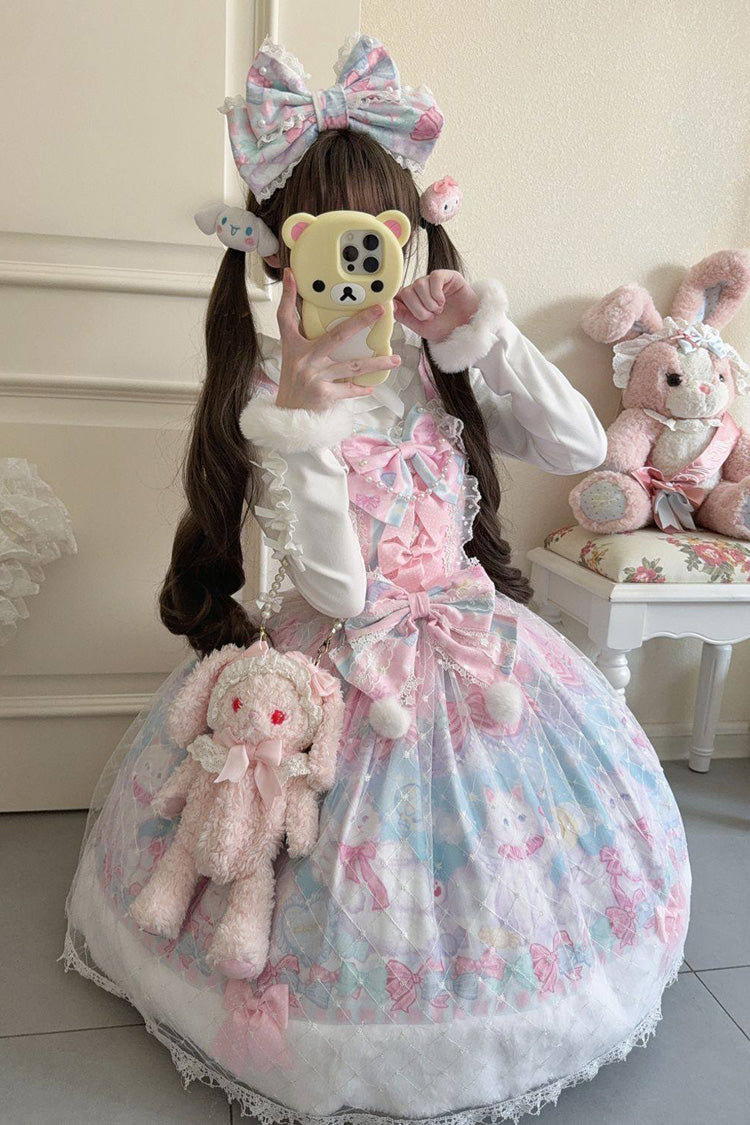 Pink/Blue Candy Mary Cat Printed Ruffled Embroidered Bow Lace Sweet Lolita Jsk Dress
