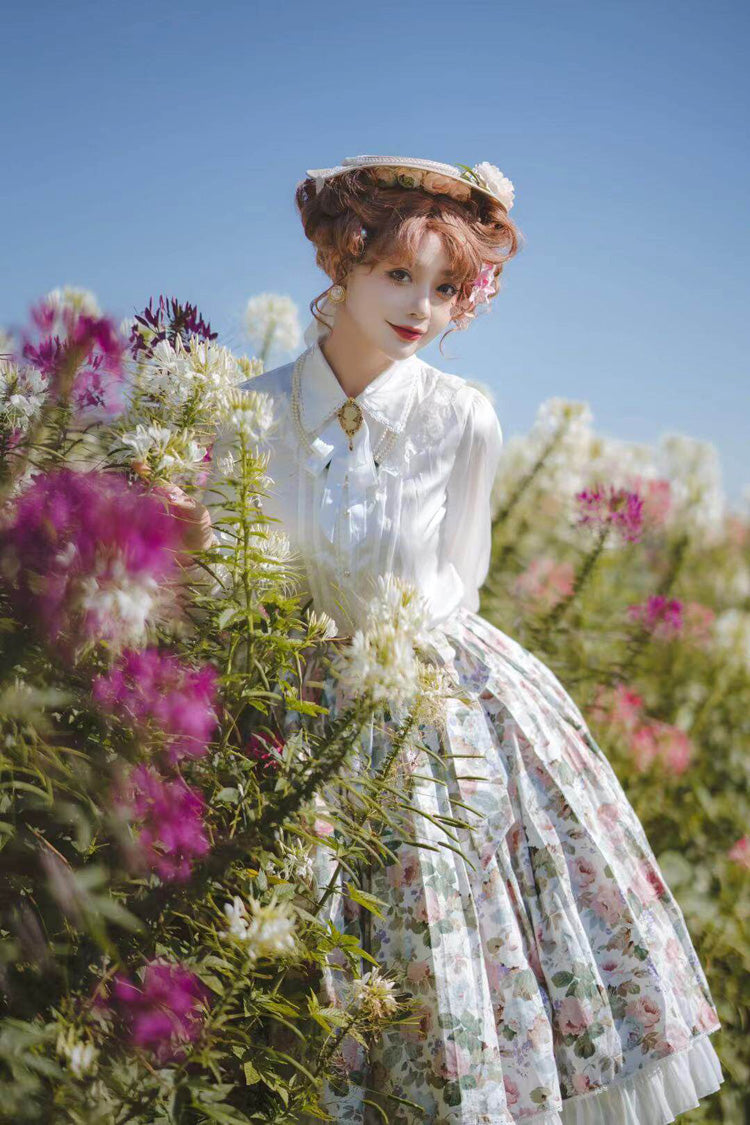 White Afternoon Tea Floral Printed Ruffled Sweet Lolita Skirt