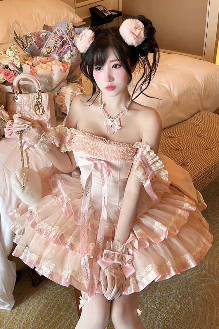 Pink Princess Ribbon Off Shoulder Triple-Layered Ruffle Bowknot Sweet Lolita Dress