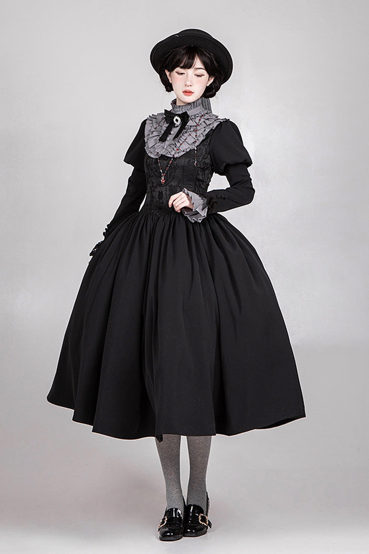 Black Old Testament Short Sleeves Ruffle Embroidery Bowknot Lace-Up Gothic Lolita Dress 2 Versions