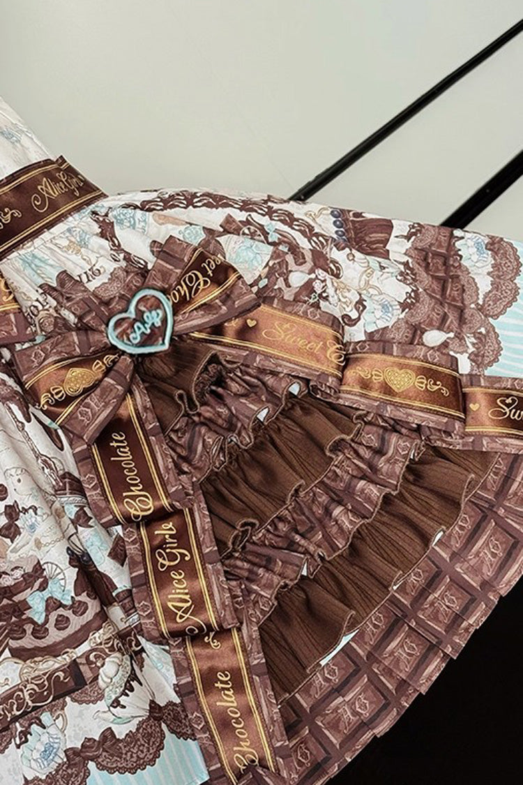 Brown Teddy Bear Chocolate Sleeveless Print Ruffle Side Cardigan Bowknot Asymmetric Sweet Lolita Strap Dress