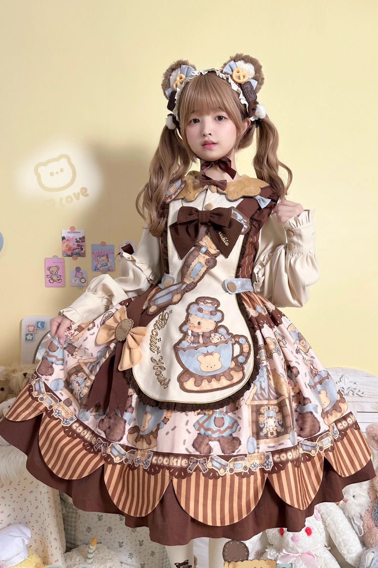 Bear Cookies Print Long Sleeves Ruffle Bowknot Sweet Lolita OP Dress 2 Colors