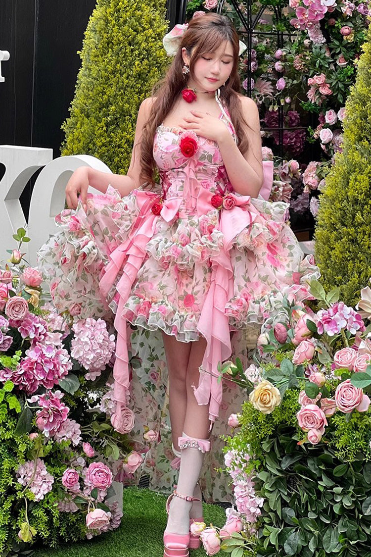 Pink Multi-Color Rose Print Sleeveless Sweet Lolita Strapless Dress