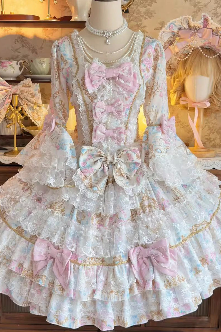 Blue Candlelight Elegance Long Trumpet Sleeves Multi-Layered Ruffle Bowknot Lace Sweet Elegant Lolita Dress