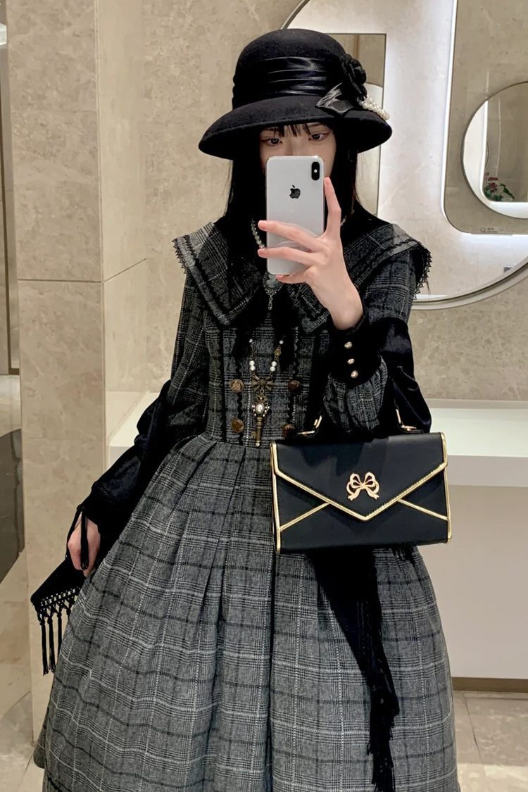 Grey Fontainebleau Long Sleeves Plaid Print Bowknot Elegant Sweet Lolita Dress