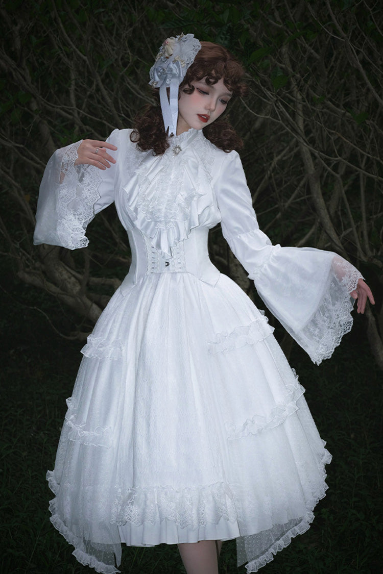White Requiem Stand Collar Long Sleeves Ruffle Lace Gothic Lolita Dress
