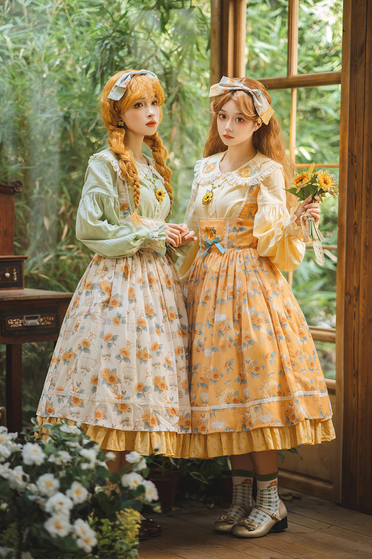 Yellow Gardening Sunflower Sleeveless Print Ruffle Bowknot Sweet Elegant Uplift Lolita Jsk Dress