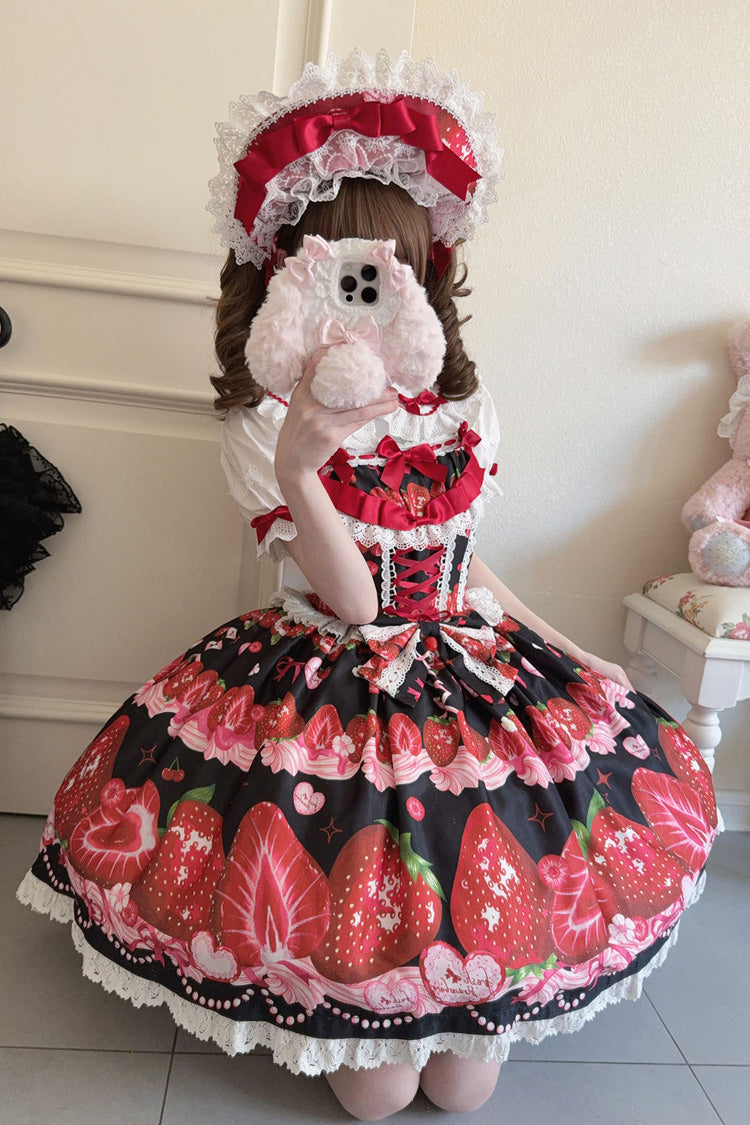 Sweet Berry Tale Strawberry Print Ruffle Bowknot Lace Sweet Lolita Jsk Dress 4 Colors