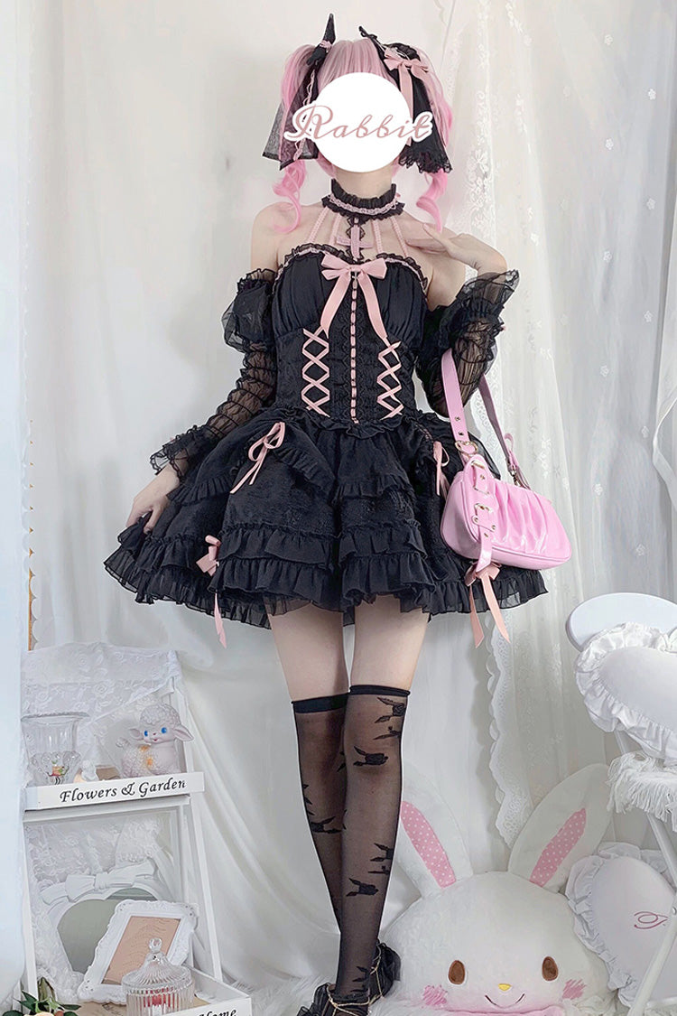 Black/Pink Tube Top Sleeveless Ruffle Bowknot Gothic Lolita Jsk Tiered Dress