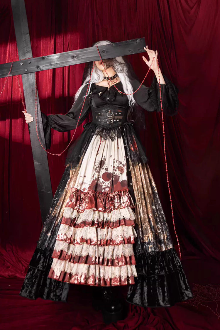 Heretical Nun Sleeveless Multi-Layered Printed Ruffled Open-Front Gothic Plus Size Lolita Strap Dress Long Version 2 Colors