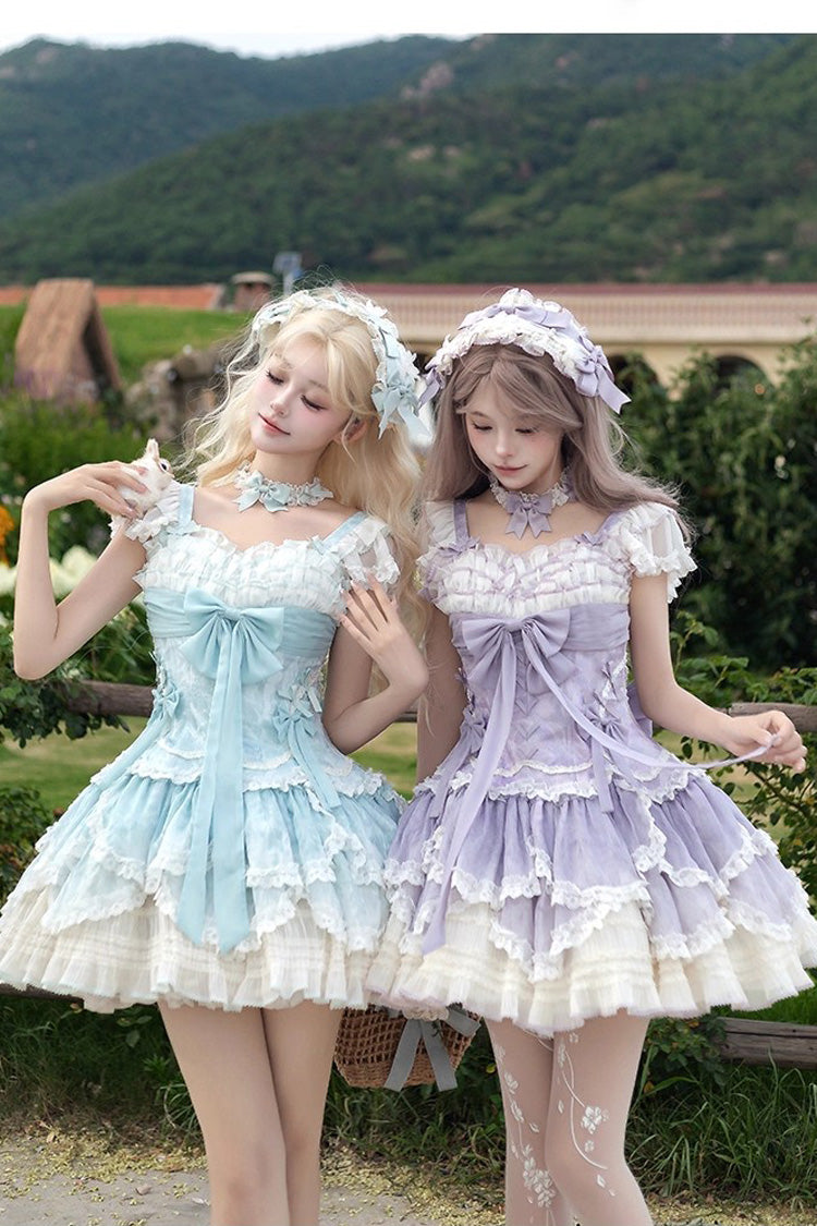 Purple Floral Dream Short Sleeves Multi-Layered Ruffle Embroidery Bowknot Lace-Up Sweet Elegant Ballet Lolita Jsk Dress