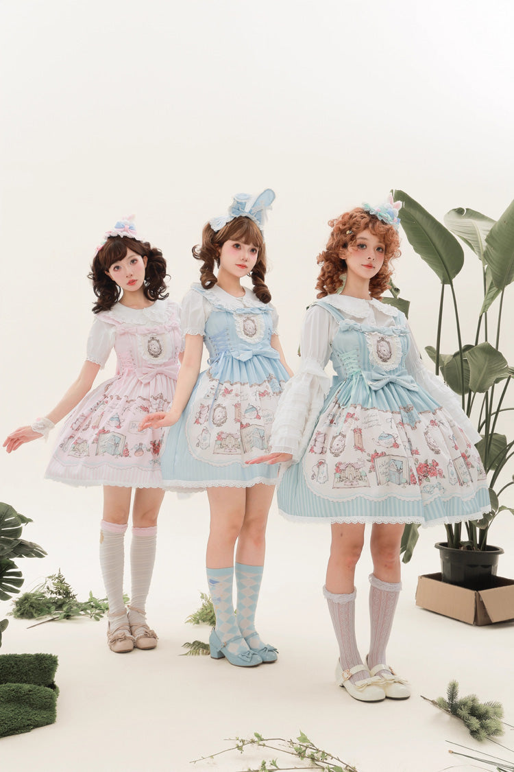Rabbit's Collection Sleeveless Print Bowknot Lace Sweet Princess Lolita Jsk Dress 3 Colors