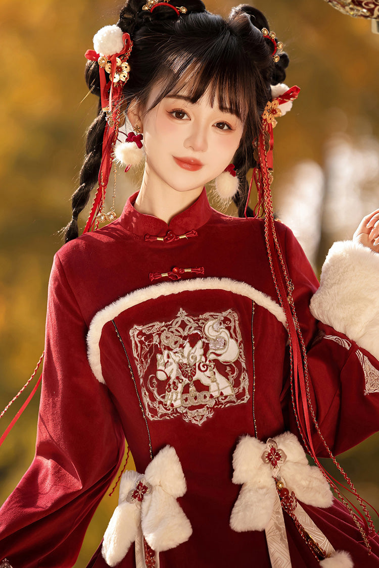 Red Long Sleeves Ruffle Embroidery Bowknot Chinese Style Sweet Lolita Hanfu Dress