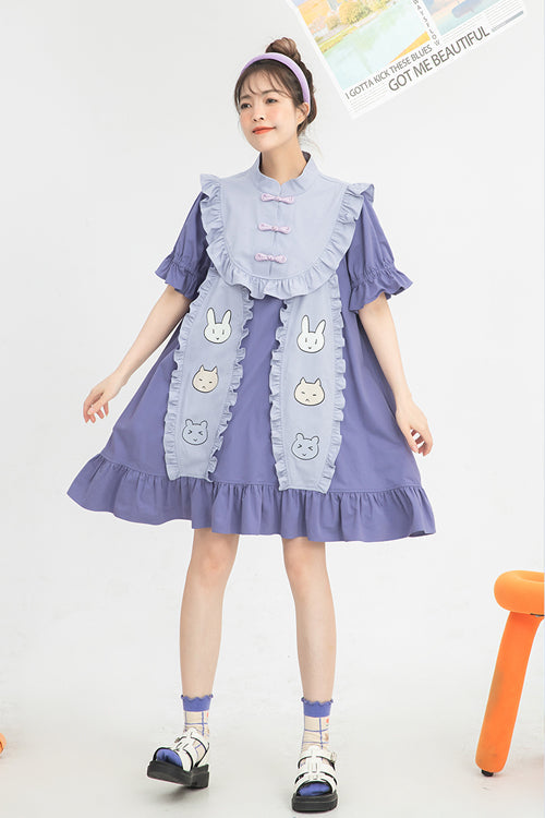 Purple Chinoiserie Button Stand Collar Short Sleeves Ruffled Cute Rabbit Ears High Waisted Sweet Lolita Dress