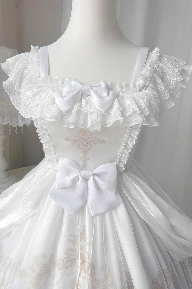 White/Blue Flower and Letter Swan Lake Print Ruffle Bowknot Elegant Lolita Jsk Dress