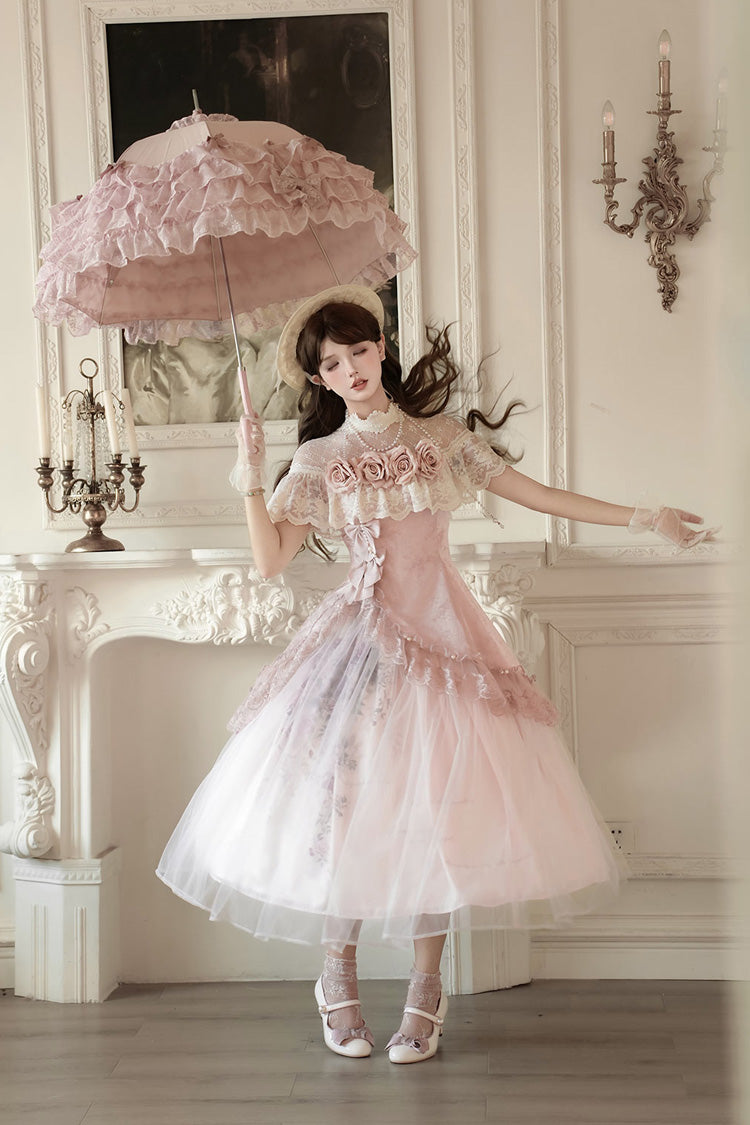Pink Rose Poems Ruffle Embroidery Bowknot Lace Asymmetric Sweet Elegant Lolita Dress Set