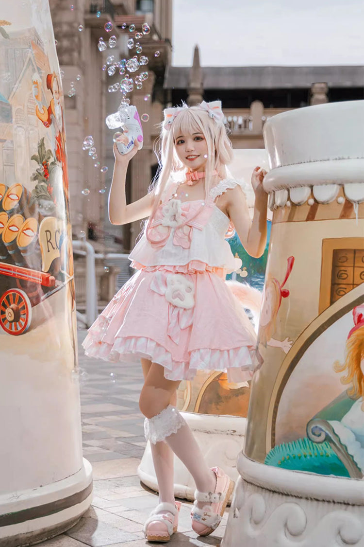 Pink Miss Meow Print Ruffle Bowknot Sweet Lolita Skirt Set