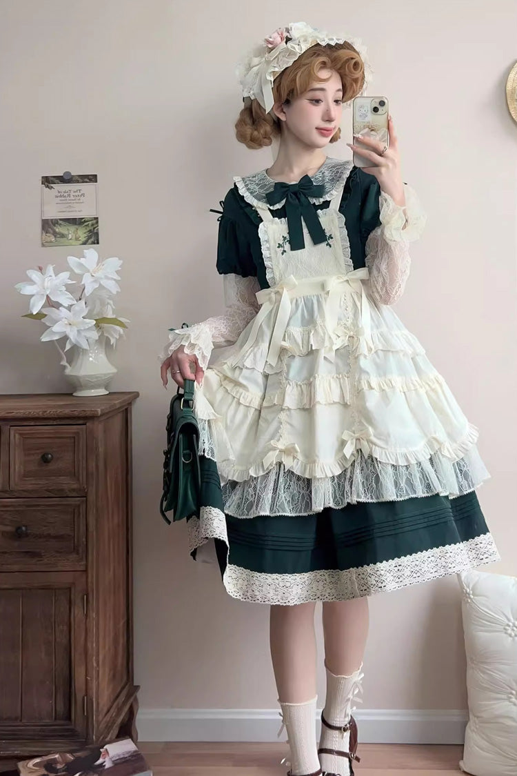 Green Mist over Flowers Along the Path Lapel Collar Long Sleeves Embroidery Bowknot Lace Sweet Lolita Dress