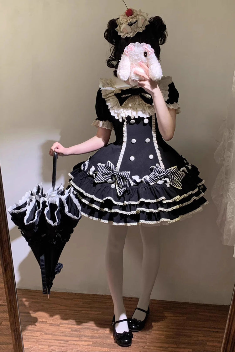 Black Striped Layered Short Sleeves Multi-Layered Ruffle Bowknot Sweet Princess Lolita Tiered Dress