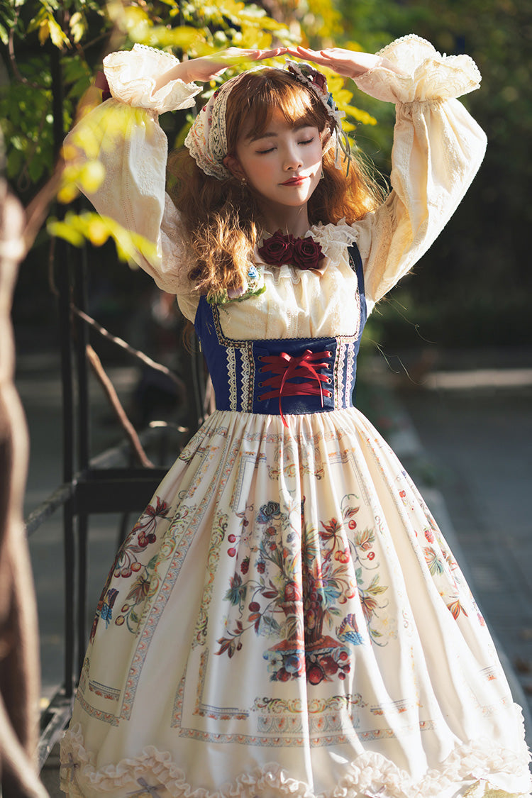 Ivory Ode to Plenty Berries and Birds Print Ruffle Bowknot Velvet Classic Lolita Breast Support Jsk Dress