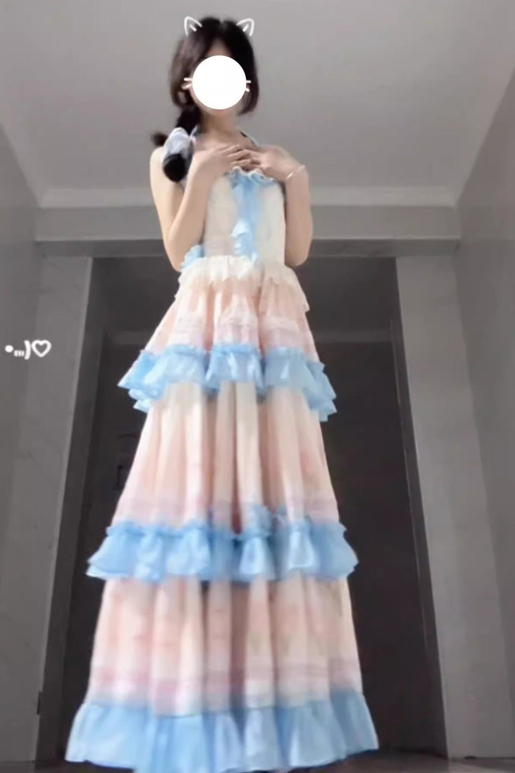 Blue/Pink Meet the Sea Triple-Layered Print Backless Ruffle Sweet Lolita Dress