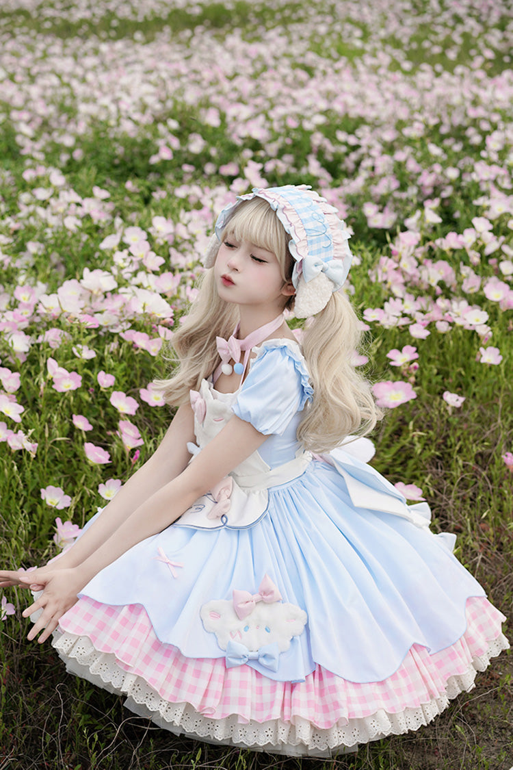 Blue/Pink Lamb Story Short Puff Sleeves Double-Layered Plaid Print Ruffle Bowknot Sweet Lolita Jsk Dress Set