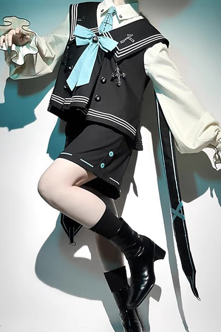 Dark Blue Magician Long Sleeves Ouji Prince Mechanical Style Lolita Shorts Vest Set