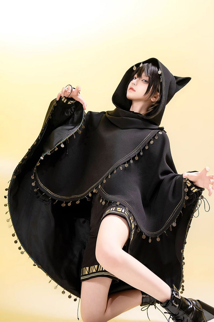 Black Black Cat Embroidery Cat Ears Hooded Ouji Gothic Prince Handsome Lolita Cloak