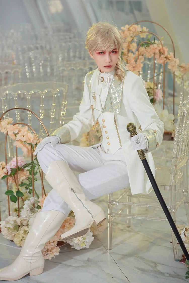 White Eternal Rose Knight Stand Collar Long Sleeves Ruffle Vintage Elegant Prince Handsome Lolita Blouse