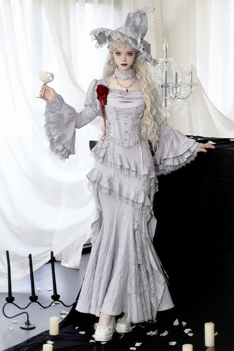 Silver Grey Twilight Ruffle Lace Irregular Gothic Witch Lolita Fishtail Skirt Set